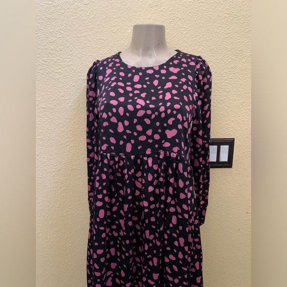 Zara Size Medium Black With Pink Polka Dots Printed Long Sleeve Midi Dress - Picture 6 of 13
